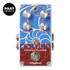 DigiTech Nautila chorus/flanger guitar pedal in white with red and blue graphics top view with past product graphics in top left corner