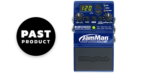 DigiTech Jamman Solo XT stereo looping in a compact pedal with jamsync guitar pedal in blue top view with past product graphics