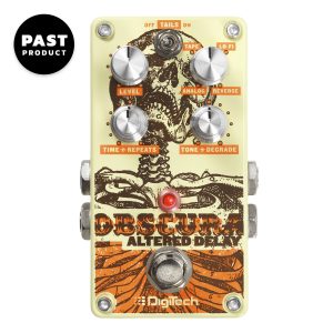 DigiTech Obscura altered delay guitar pedal in yellow with orange and brown graphics. Top view with past product graphics in top left corner