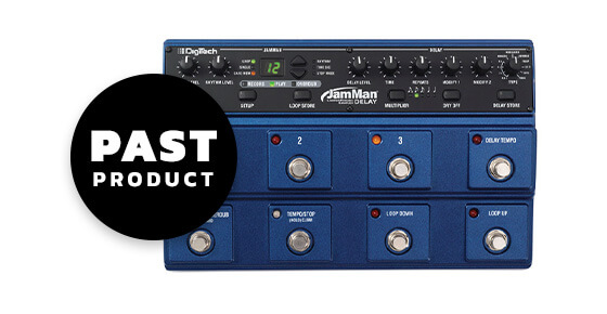 DigiTech Jamman Delay looping Station with syncing delay guitar pedal in blue with past product graphics