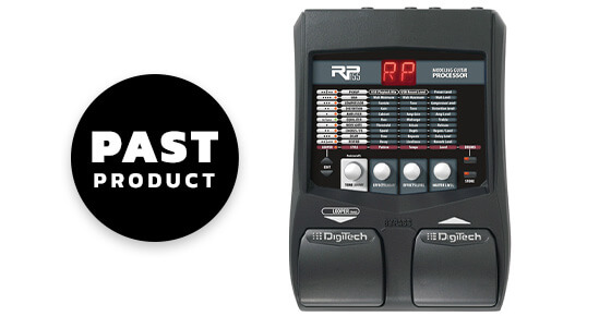 DigiTech RP155 guitar multi-effects processor & USB recording interface. Top view with past product graphics