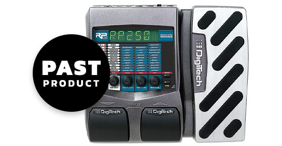 DigiTech RP250 modeling guitar processor top view with past product graphics