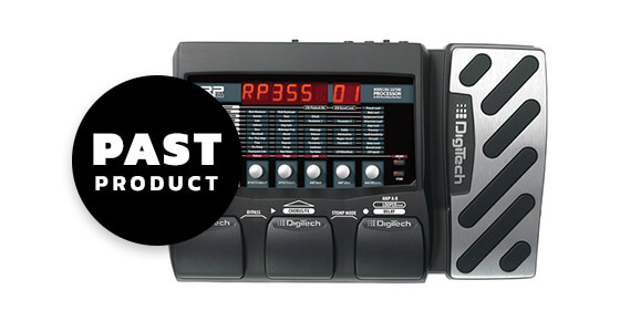 DigiTech RP355 guitar multi-effects processor & USB recording interface top view with past product graphics