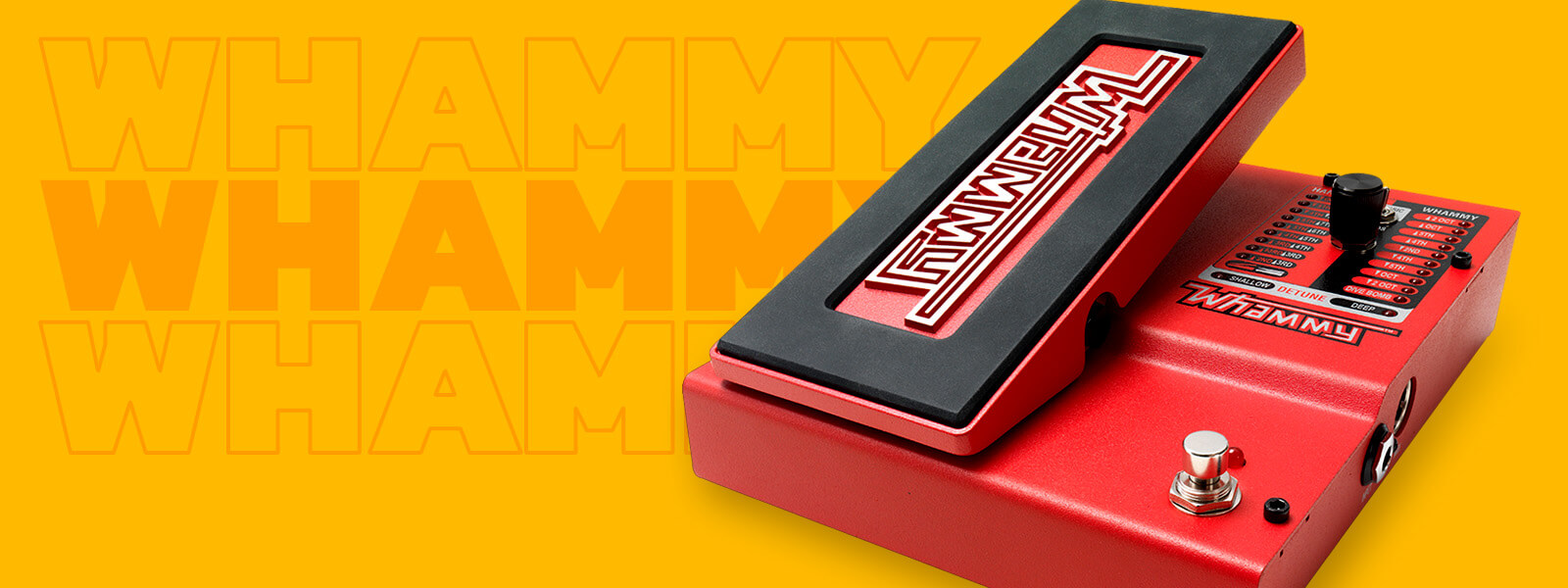 DigiTech Whammy pitch-shift effect with true bypass guitar pedal in red with yellow graphics background that says whammy