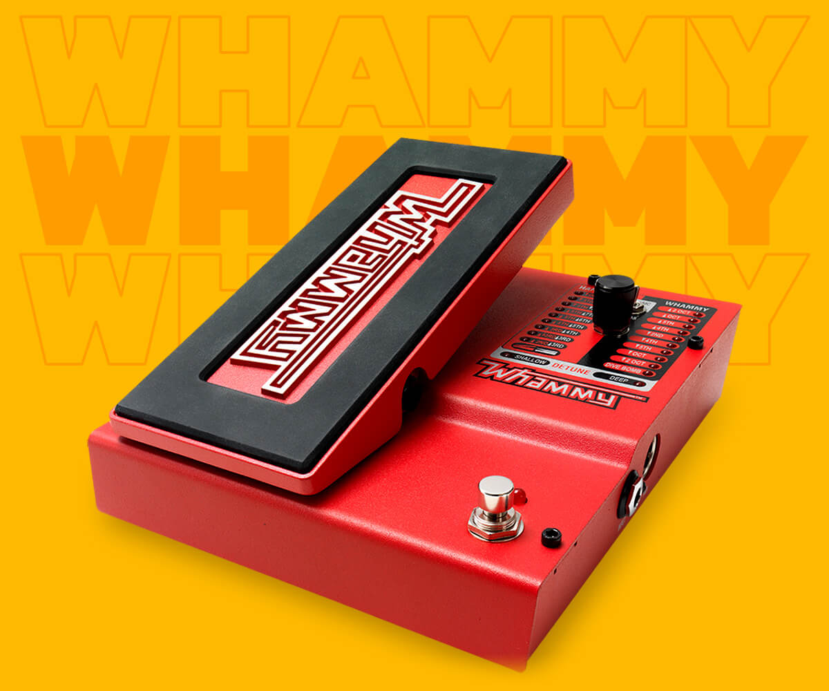 DigiTech Whammy pitch-shift effect with true bypass guitar pedal in red centered with yellow graphics behind that says whammy