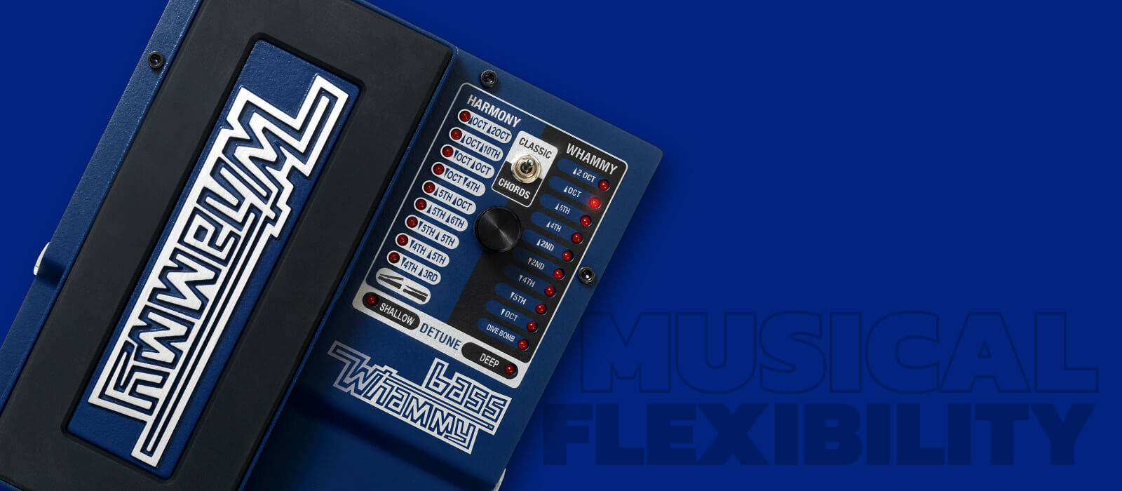 DigiTech Bass Whammy pitch shifting effect pedal top in blue with blue background and graphics that says 