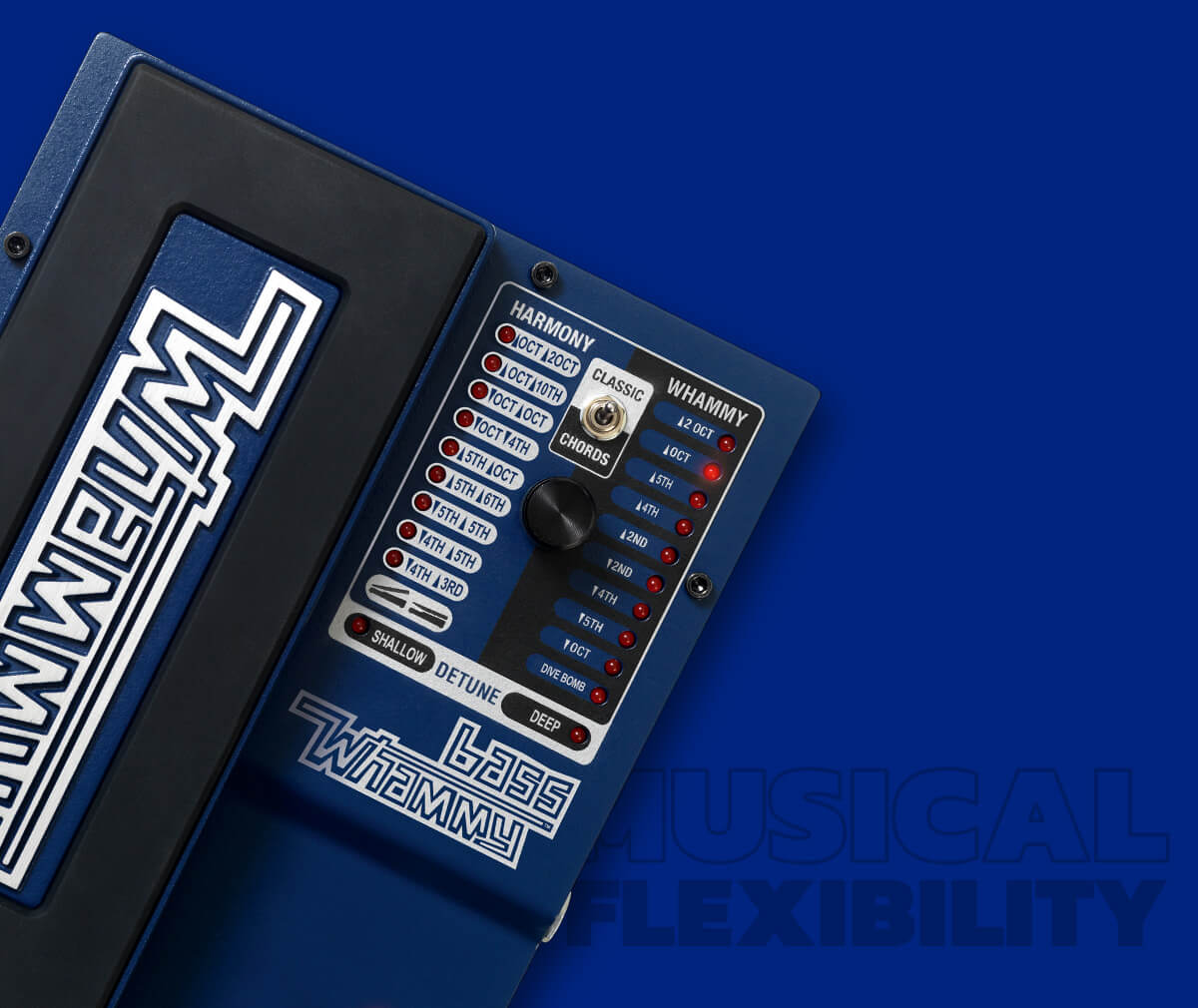 DigiTech Bass Whammy pitch shifting effect pedal top in blue with blue background and graphics that says 