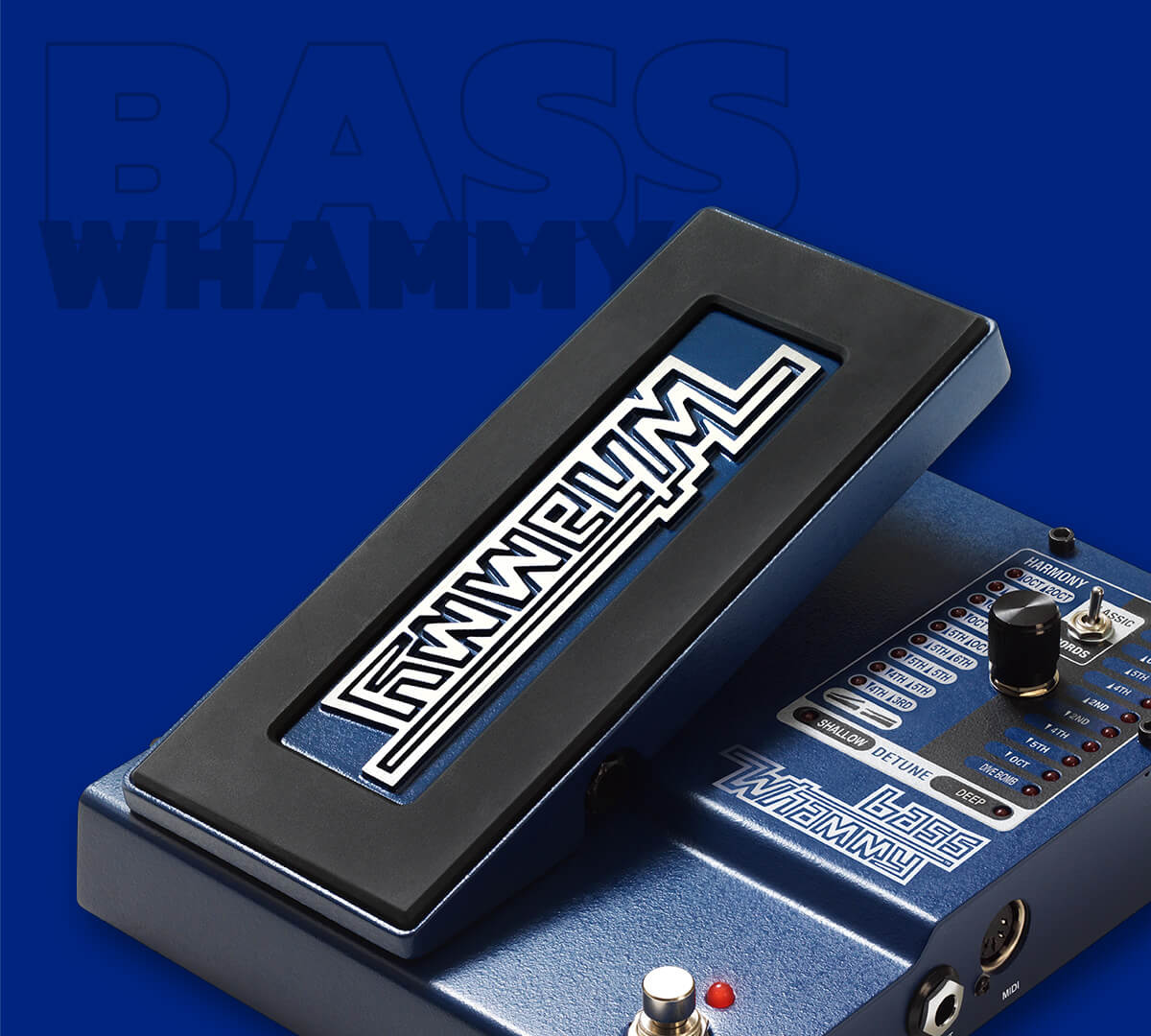 DigiTech Bass Whammy pitch shifting effect pedal in blue with blue background and graphics that says 