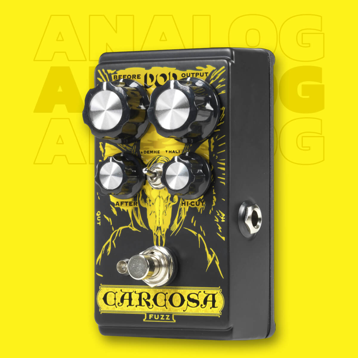 DOD Carcosa Fuzz analog fuzz guitar pedal standing in black with yellow graphics, yellow background that says 