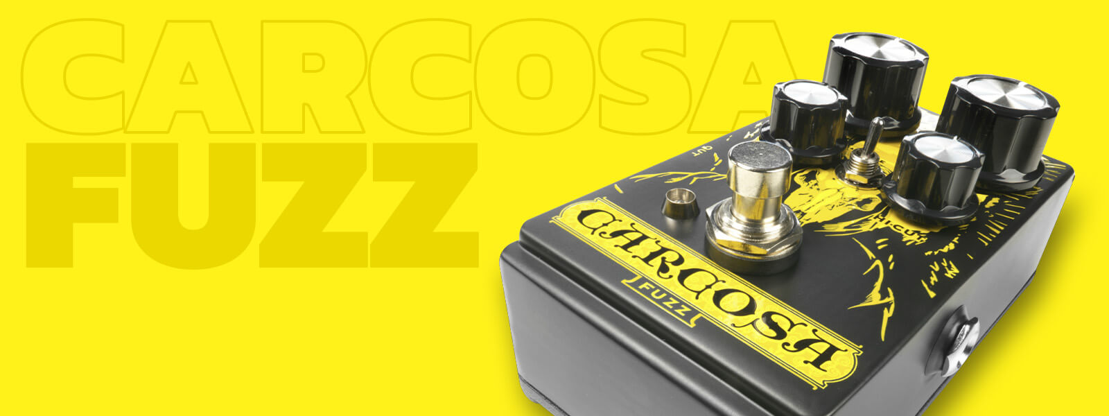 DOD Carcosa Fuzz analog fuzz guitar pedal in black with yellow graphics, yellow background and graphics that says 