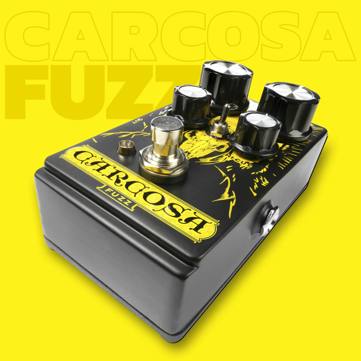 DOD Carcosa Fuzz analog fuzz guitar pedal in black with yellow graphics, yellow background that says 