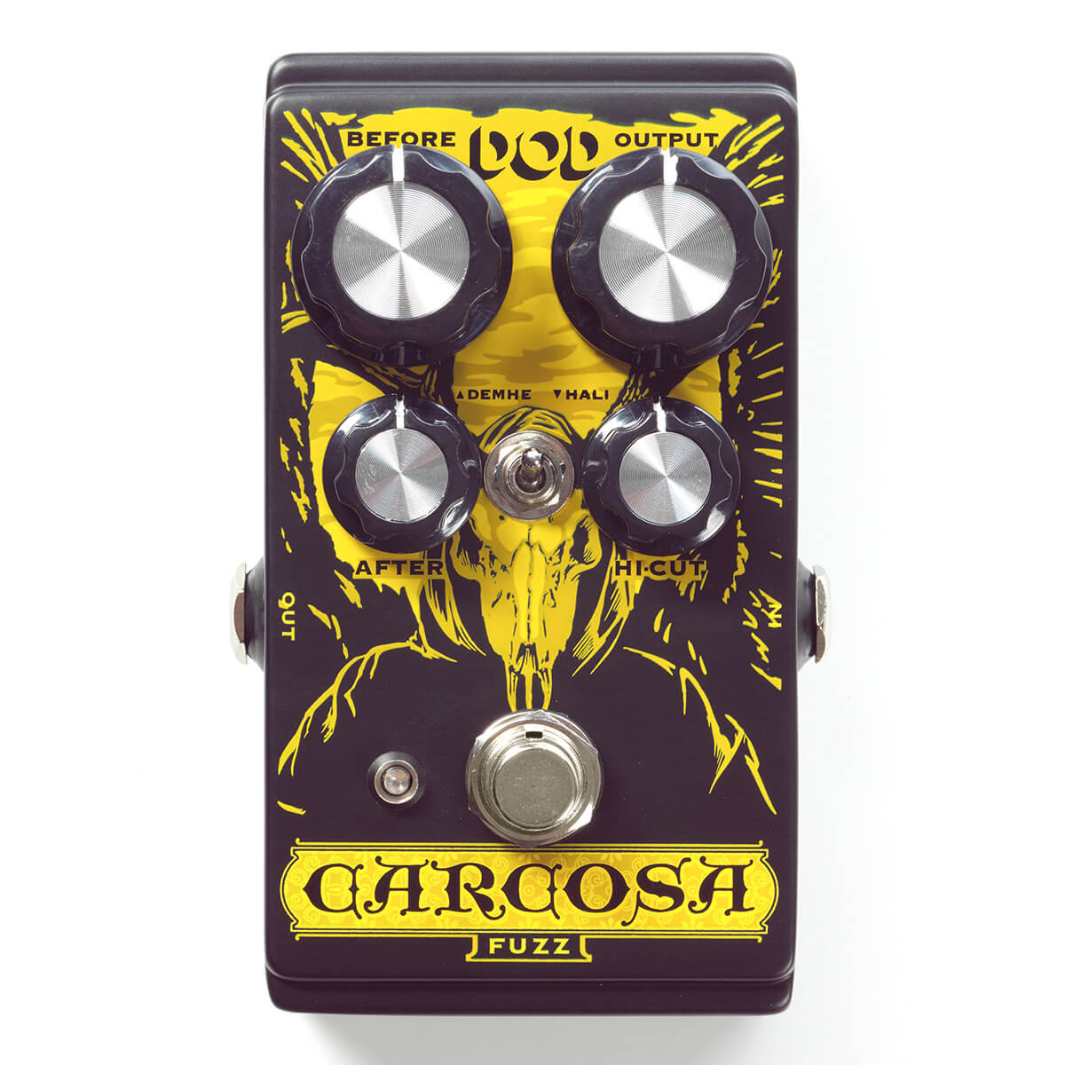 Pedal de guitarra fuzz analógico DOD Carcosa Fuzz em preto com gráficos amarelos.  Vista do topo