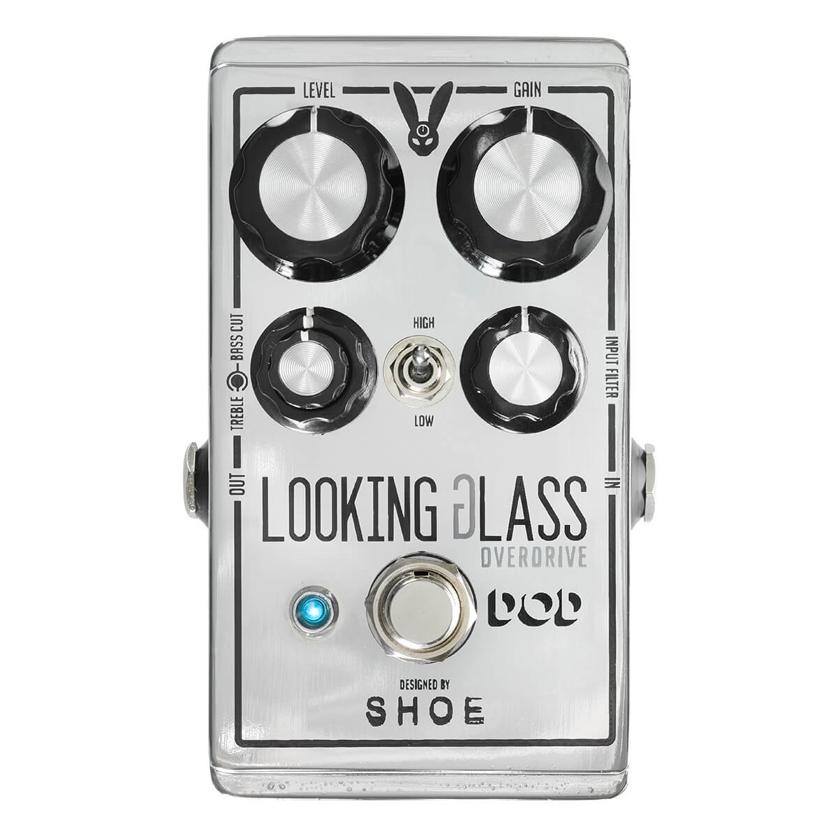 DOD Looking Glass class-a FET overdrive guitar pedal in silver. Top view