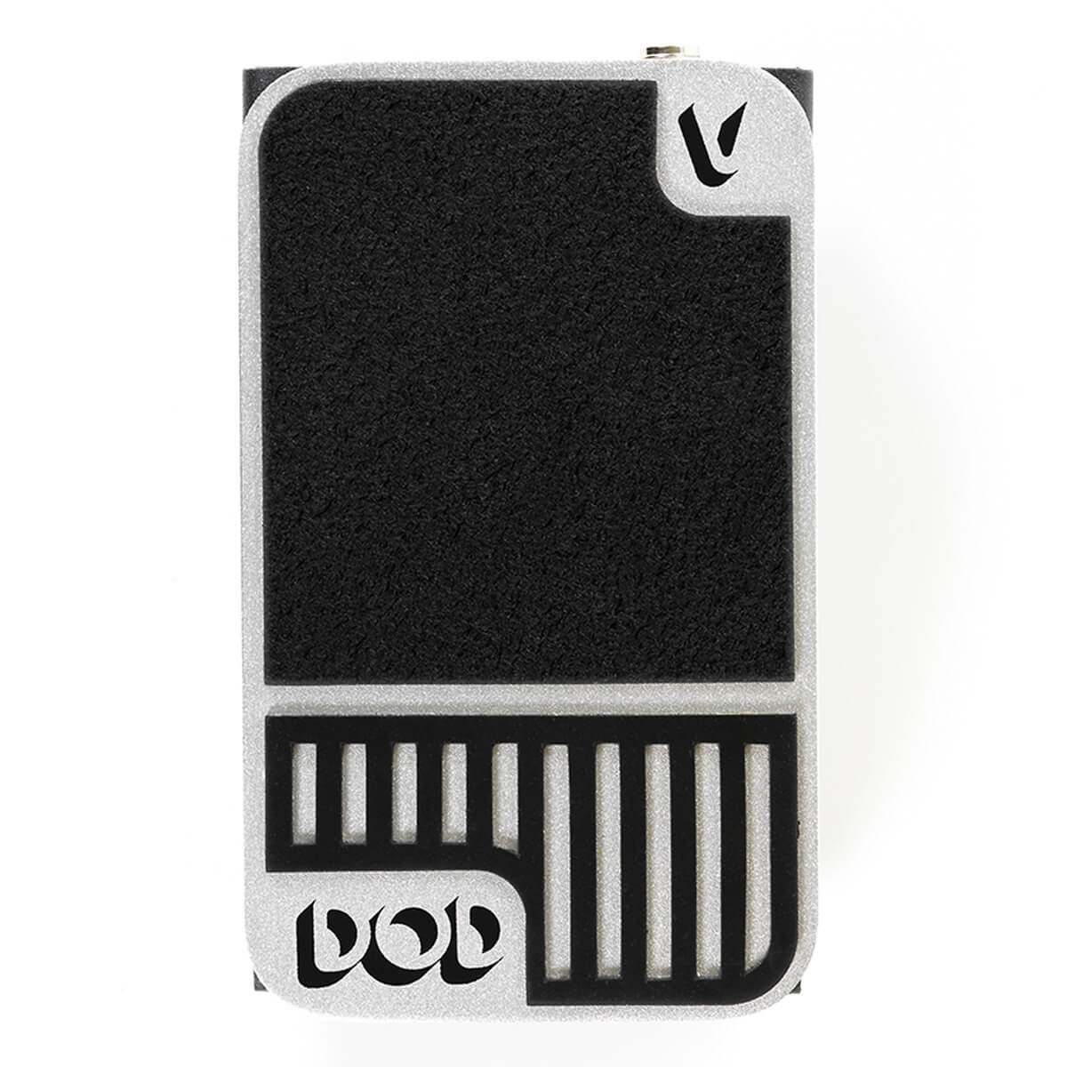 DOD Mini Volume ultra compact volume guitar pedal in black and silver. Top view