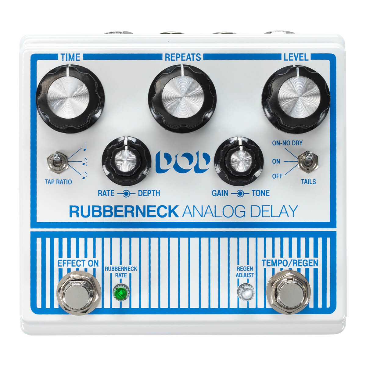 DOD Rubberneck analog delay guitar pedal in white with blue graphics, Front view