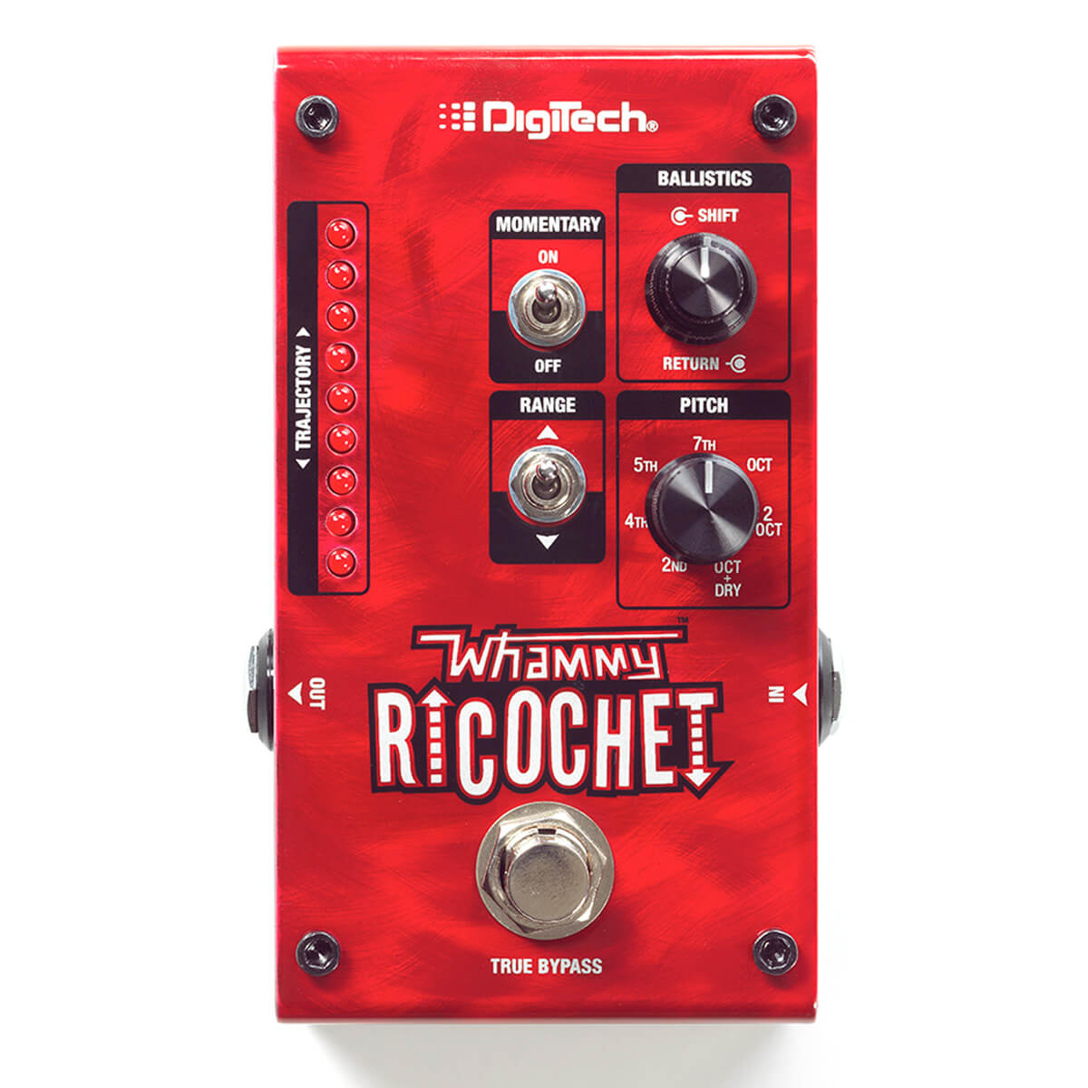 DigiTech Whammy Ricochet pitch shift guitar pedal in textured red. Top view