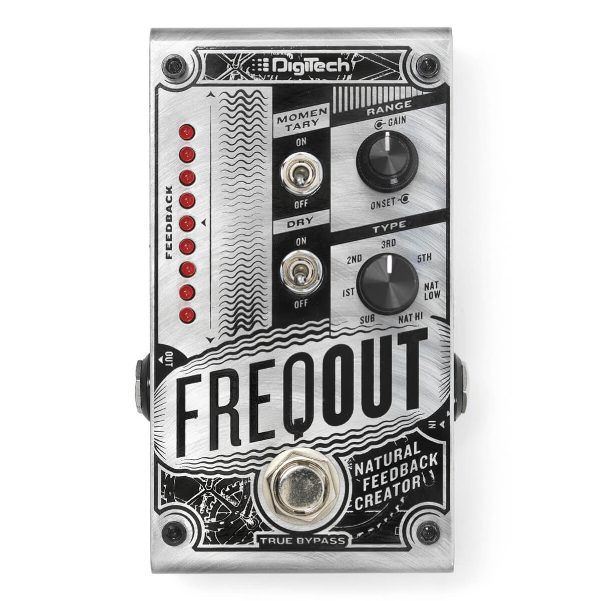 DigiTech FreqOut natural feedback creator guitar pedal with black graphics. Top view