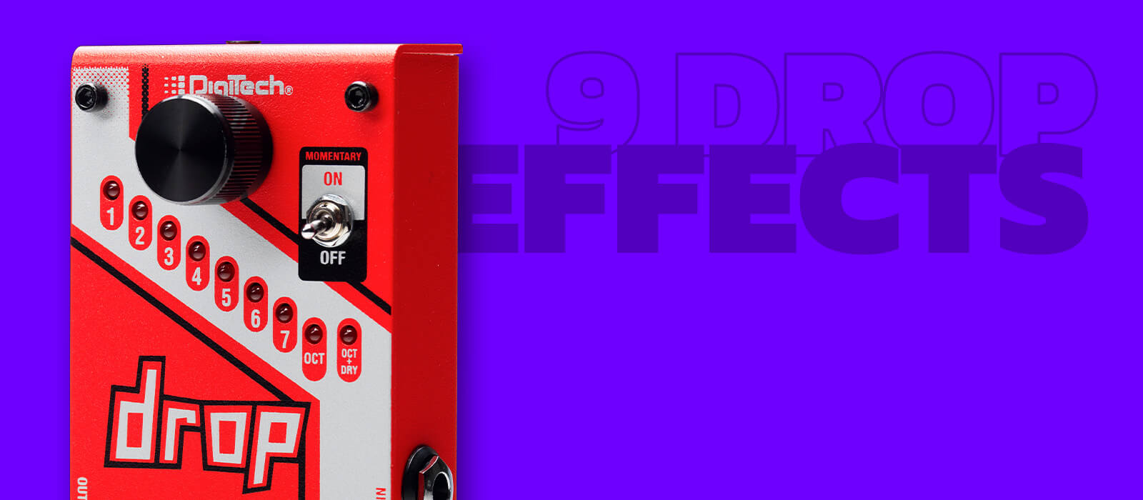 DigiTech Drop polyphonic drop tune guitar pedal in red with drop arrow graphics, purple background and graphics that says 