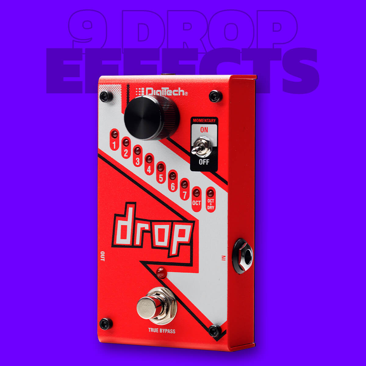 DigiTech Drop polyphonic drop tune guitar pedal in red with drop arrow graphics, purple background and graphics that says 