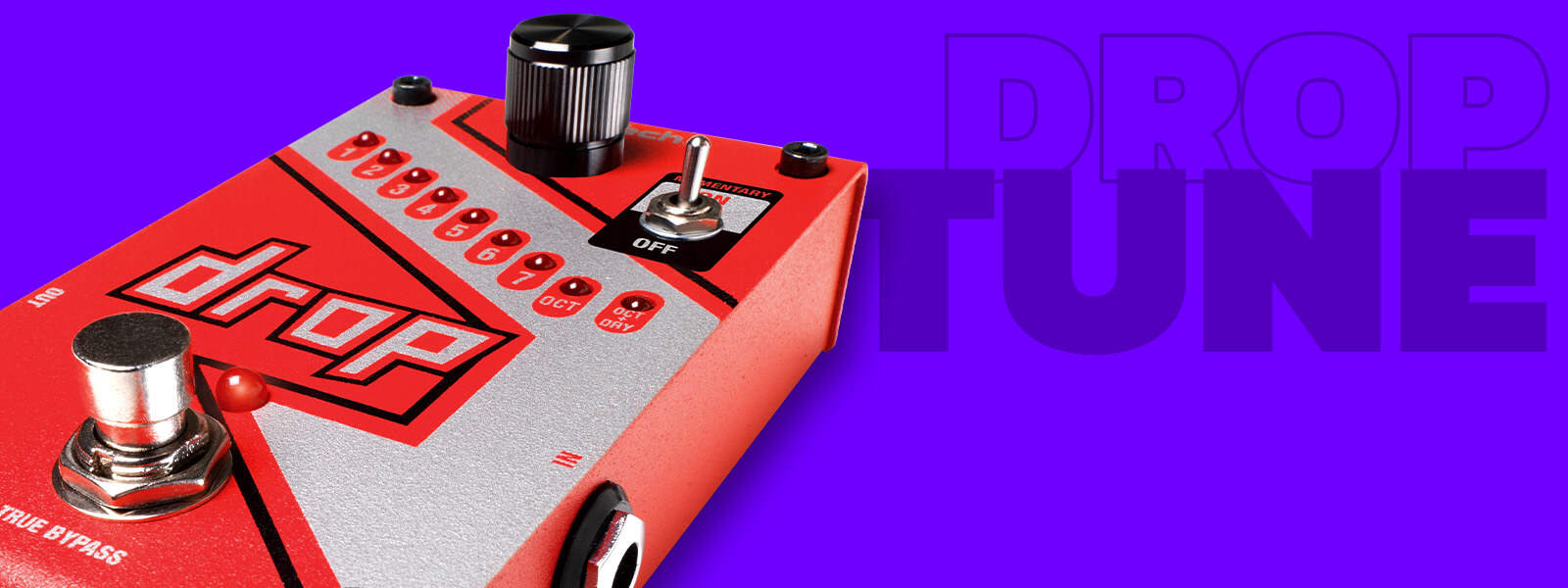 DigiTech Drop polyphonic drop tune guitar pedal in red with drop arrow graphics, purple background and graphics that says 