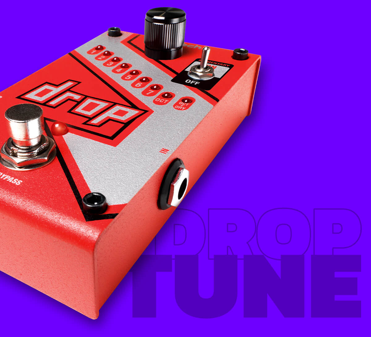 DigiTech Drop polyphonic drop tune guitar pedal in red with drop arrow graphics, purple background and graphics that says 