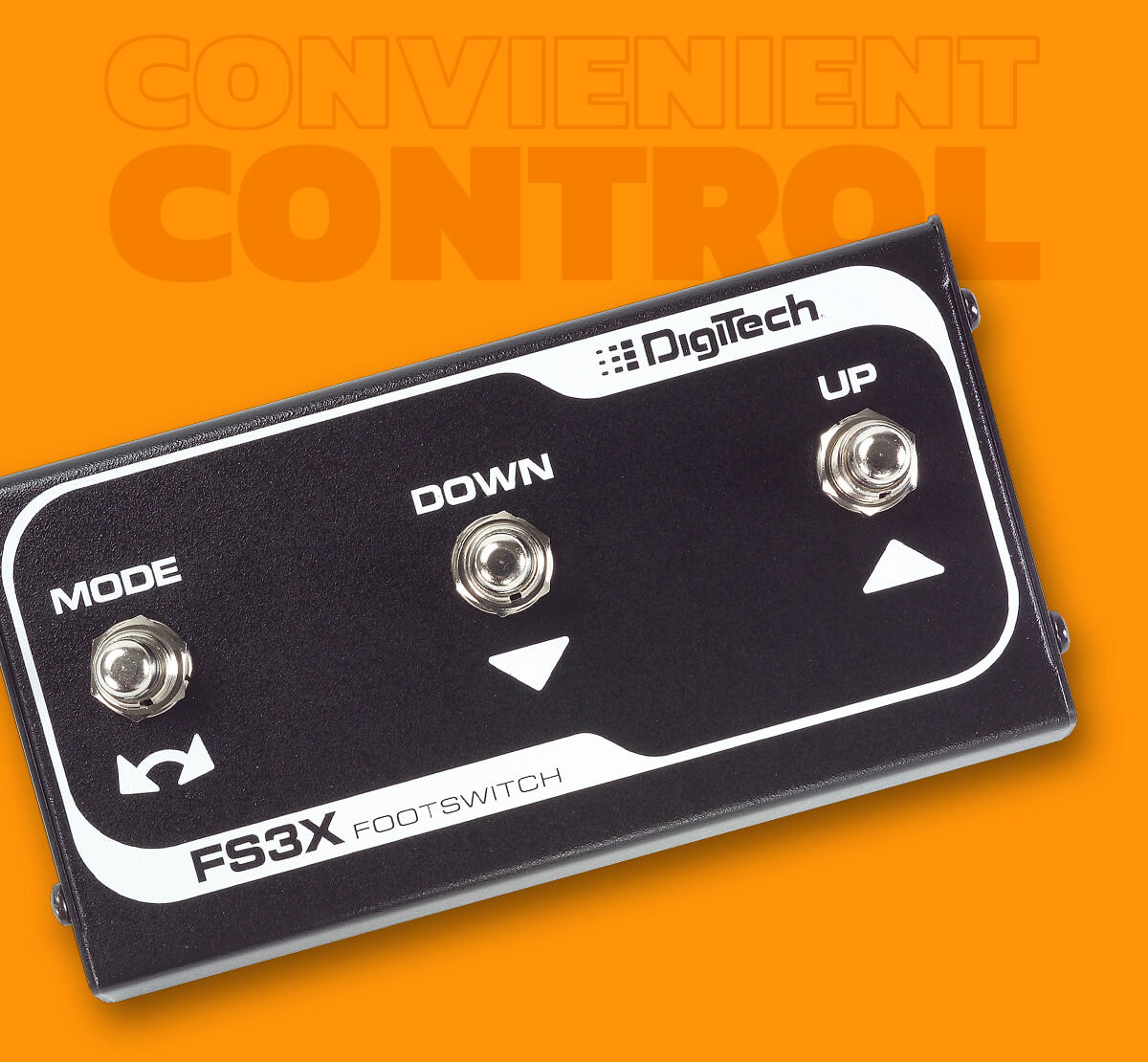 DigiTech FS3X foot switch in black with orange background that says 