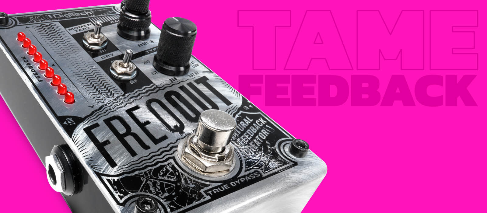 DigiTech FreqOut natural feedback creator in silver with black graphics, pink background and graphics that says 