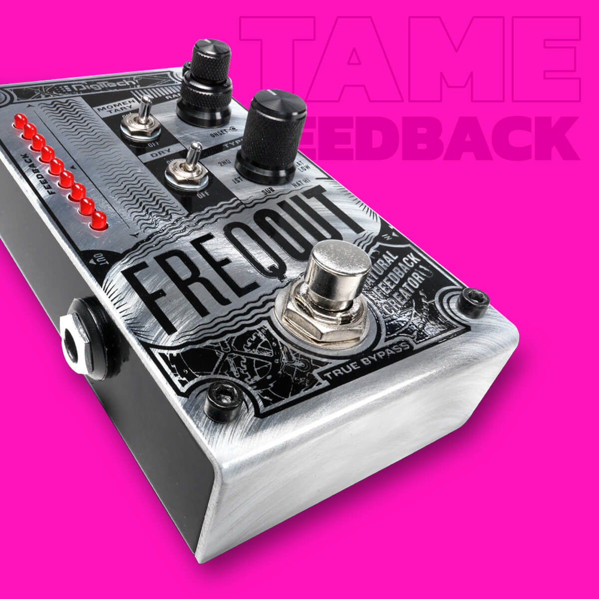 DigiTech FreqOut natural feedback creator in silver with black graphics, pink background that says 