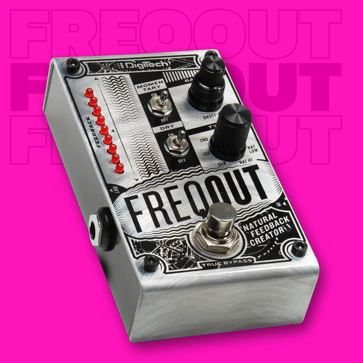 DigiTech FreqOut natural feedback creator in silver with black graphics, pink background that says 