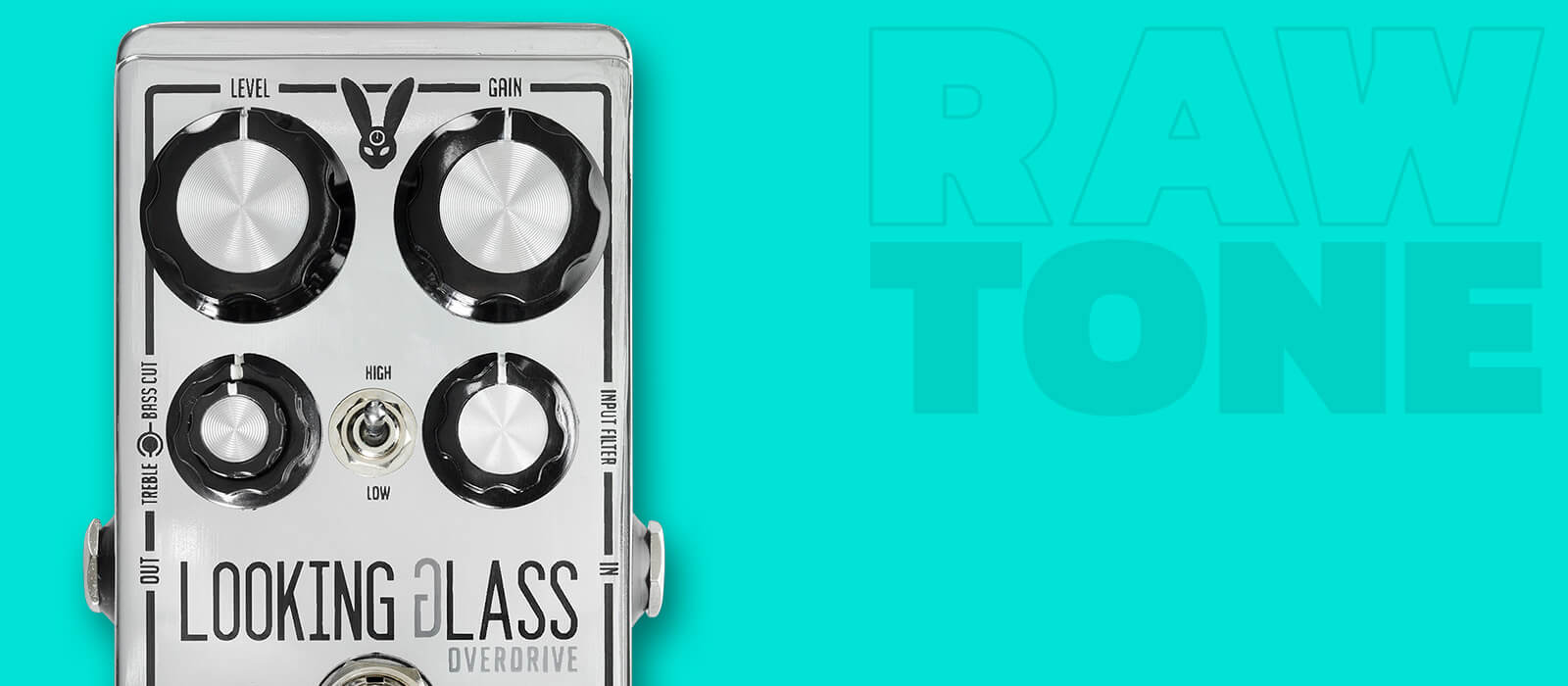 DOD Looking Glass class-a FET overdrive guitar pedal in silver with teal background that says 