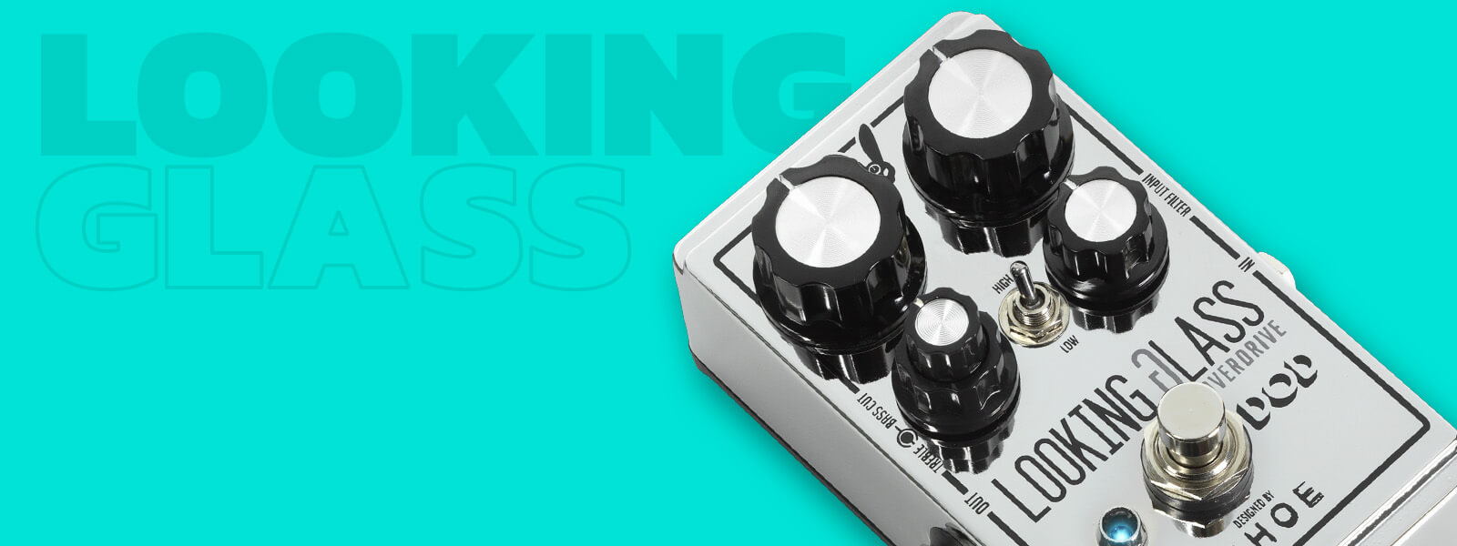 DOD Looking Glass class-a FET overdrive guitar pedal in silver with teal background and graphics in top left that says 