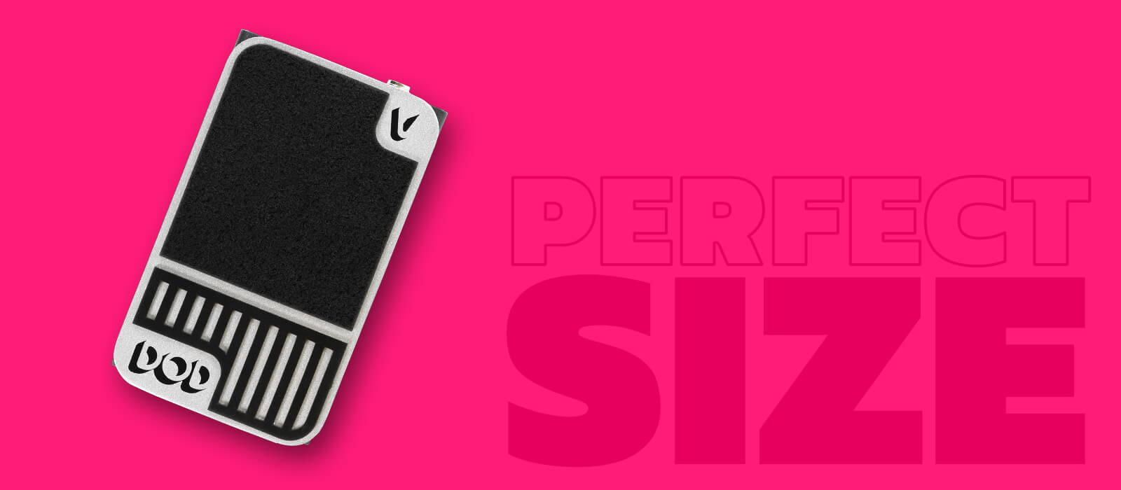 DOD Mini Volume ultra compact volume guitar pedal in black and silver with pink background that says 
