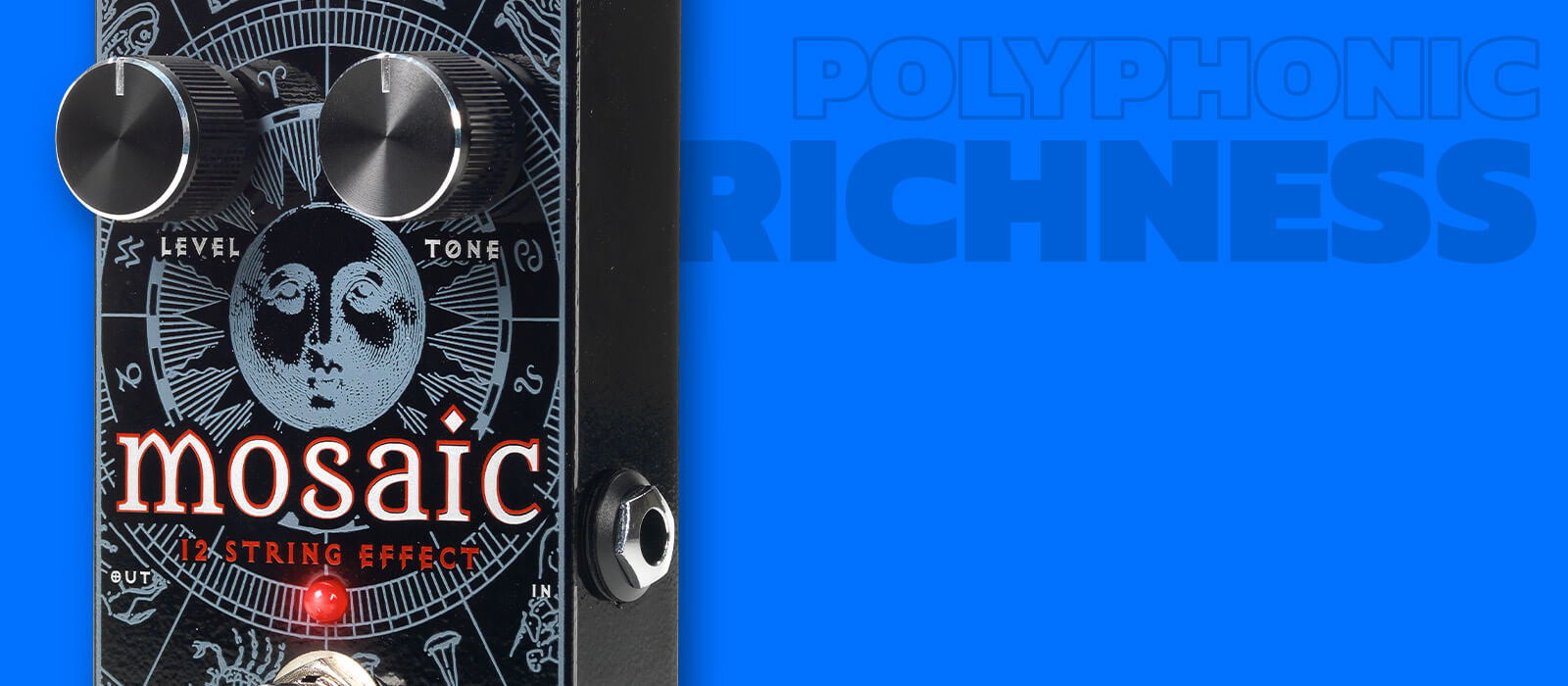 Digitech Mosaic polyphonic 12-string effect guitar pedal in black with gray graphics, blue background with graphics