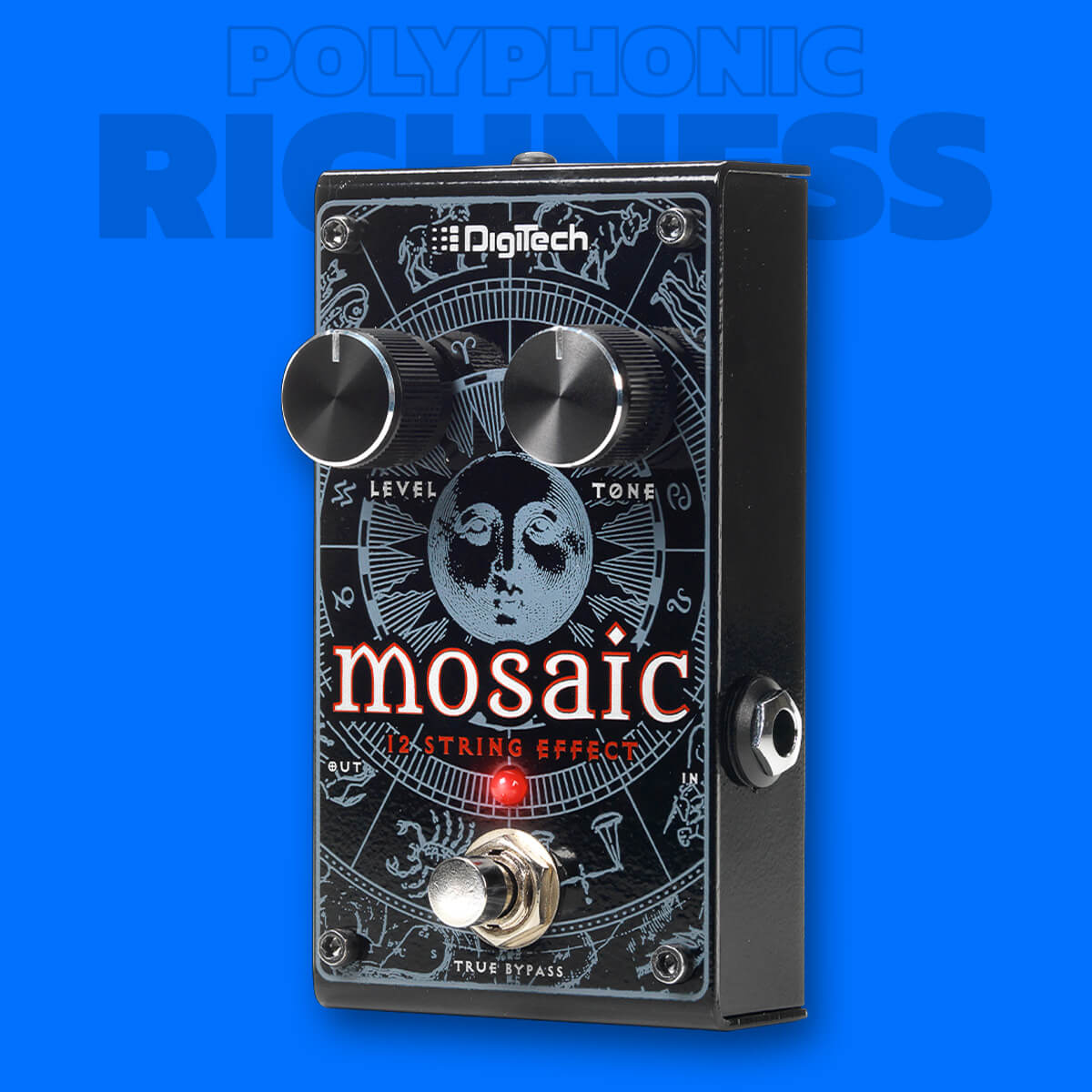 Digitech Mosaic polyphonic 12-string effect guitar pedal in black with gray graphics, blue background that says 