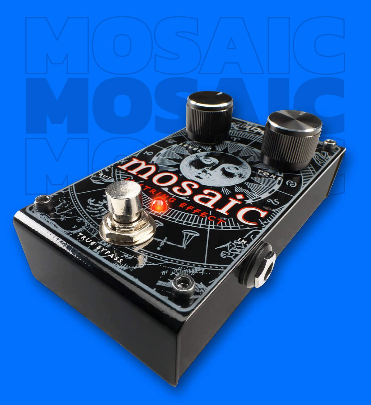 Digitech Mosaic polyphonic 12-string effect guitar pedal in black with gray graphics, blue background graphics that says 