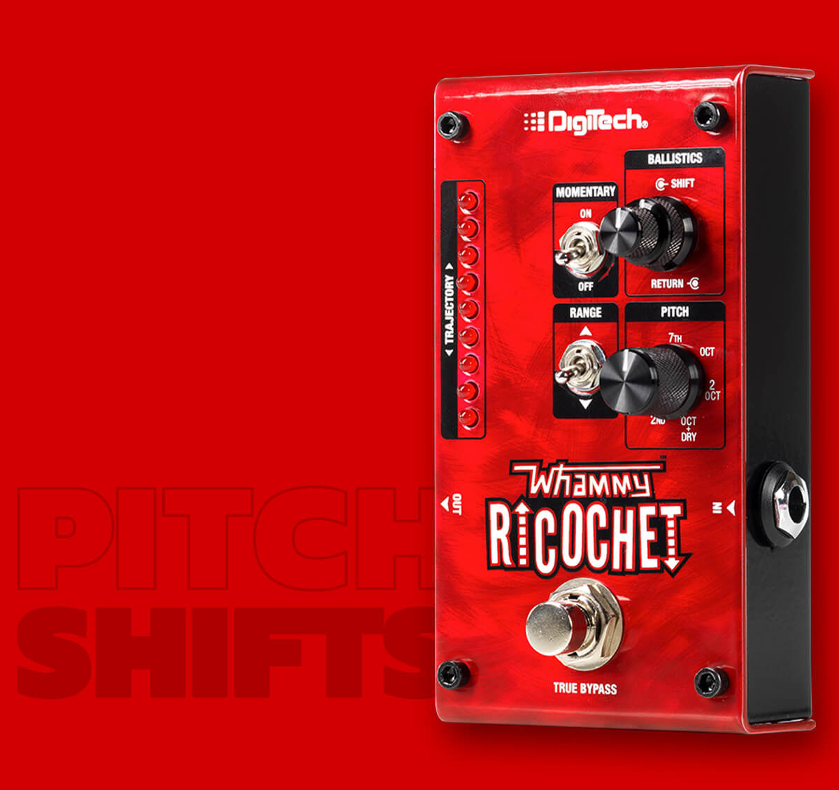 DigiTech Whammy Ricochet pitch shift guitar pedal in red standing right with red background and graphics that says 