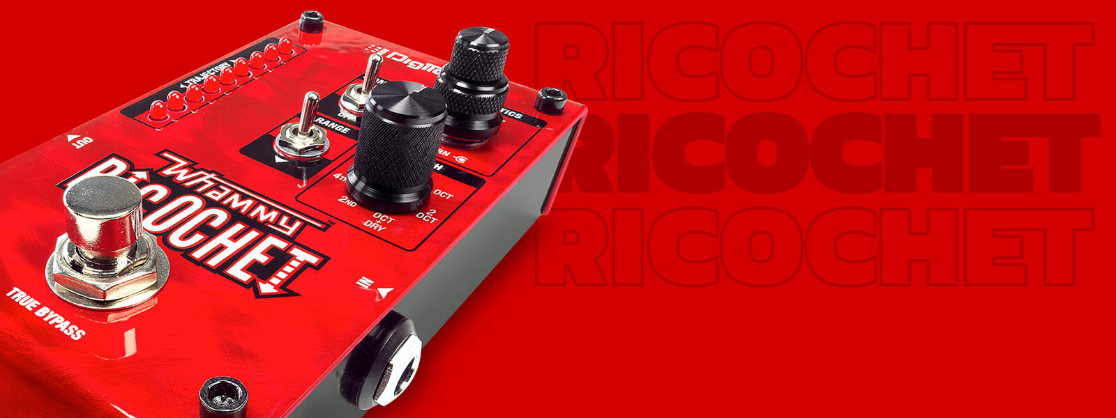 DigiTech Whammy Ricochet pitch shift guitar pedal in red with red background and graphics that says 