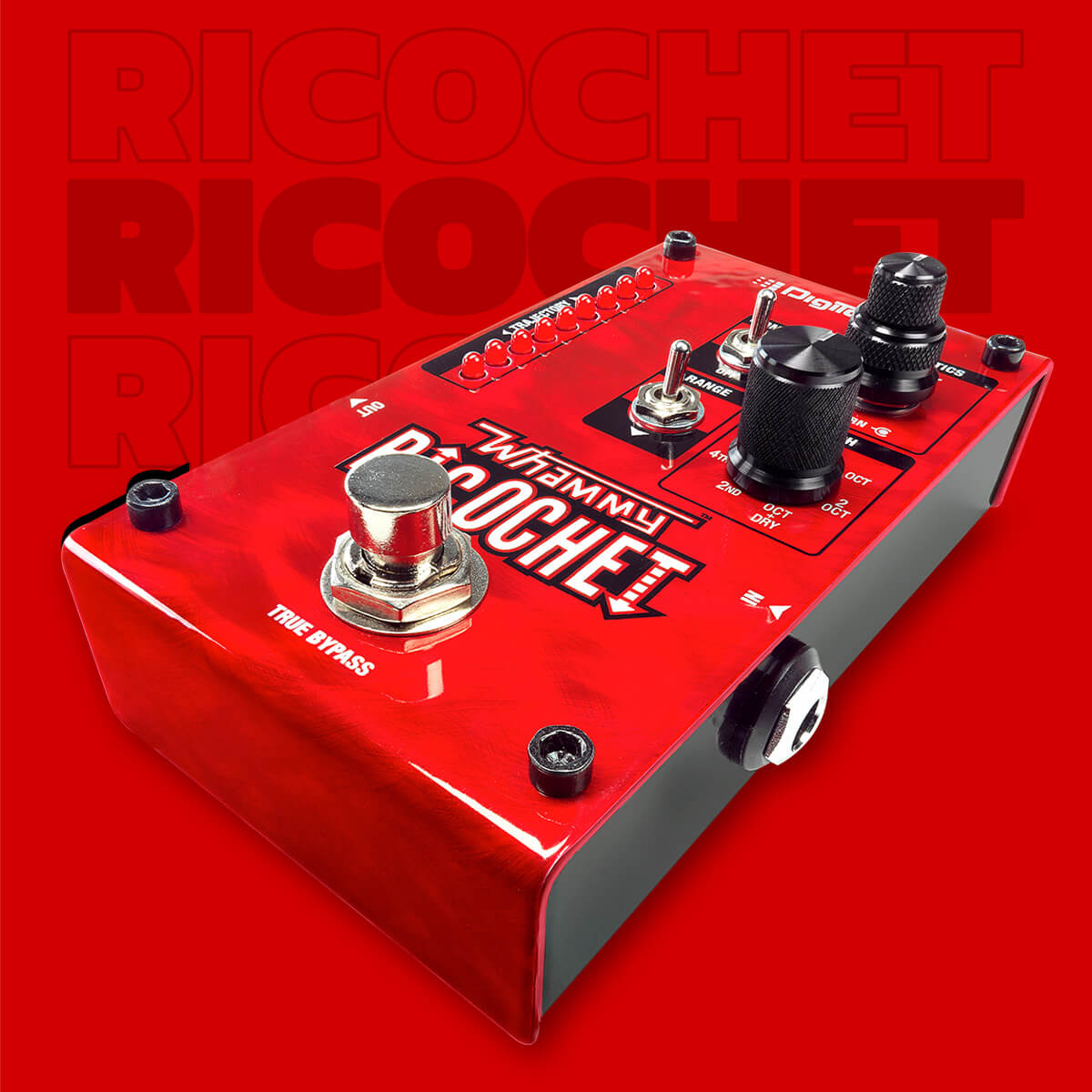 DigiTech Whammy Ricochet pitch shift guitar pedal in red with red background and graphics that says 