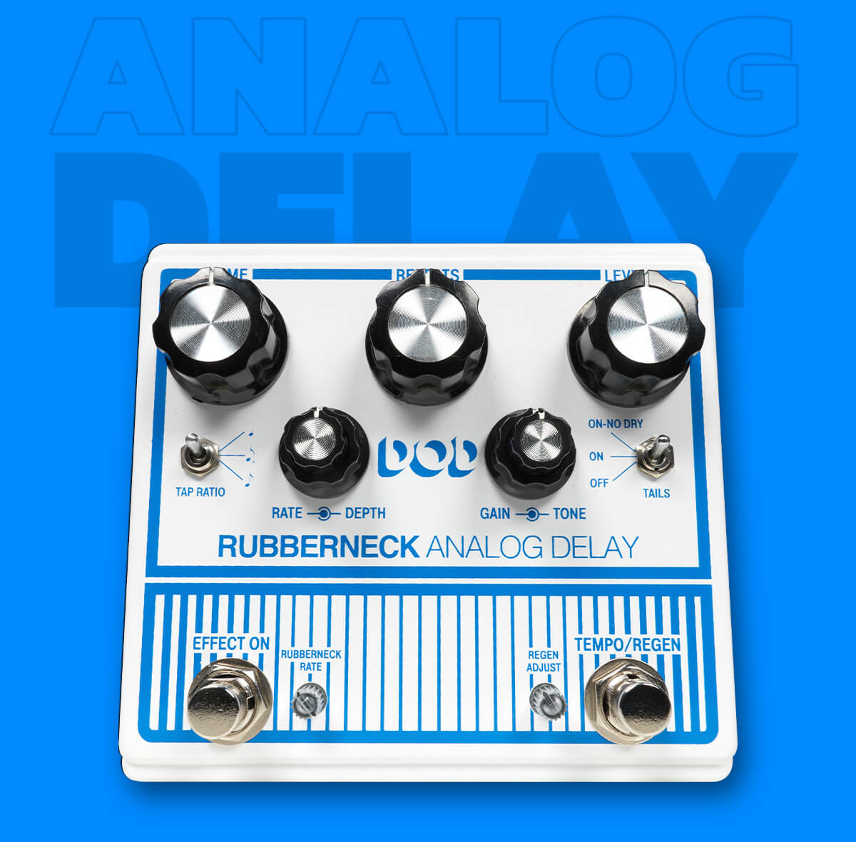 DOD Rubberneck analog delay in white with blue graphics, blue background that says 