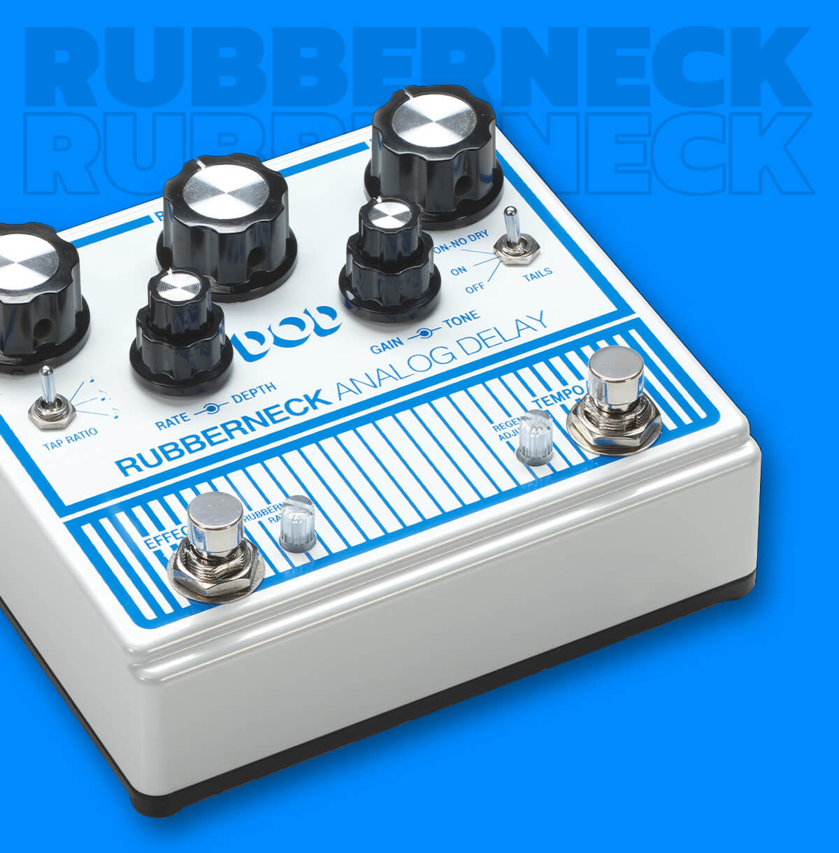 DOD Rubberneck analog delay in white with blue graphics, blue background that says 