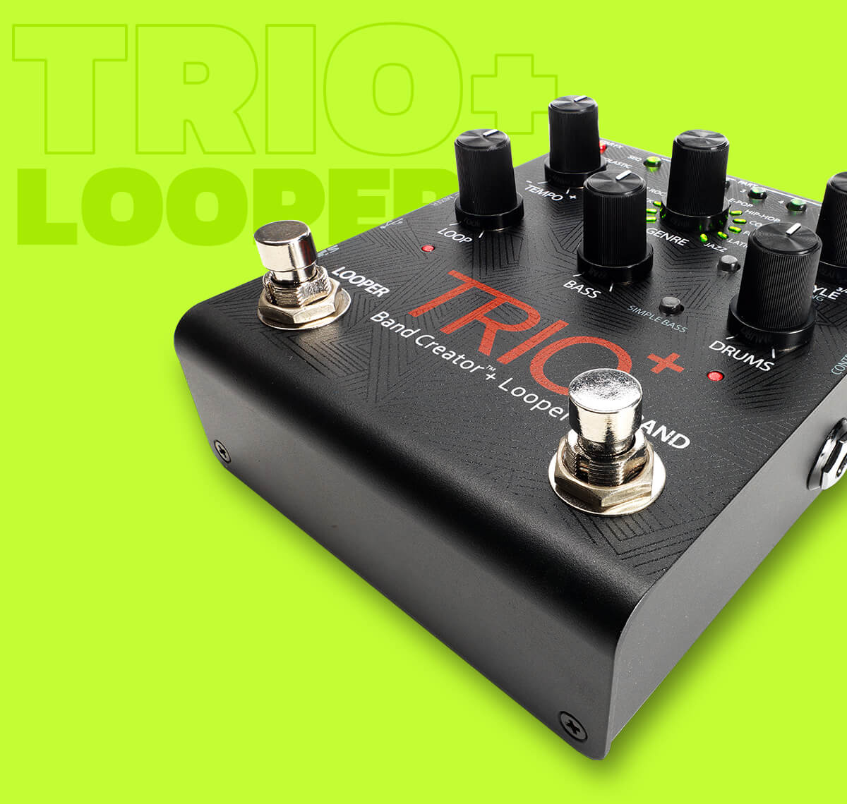 DigiTech TrioPlus band creator + looper in black with abstract lines, green background that says 