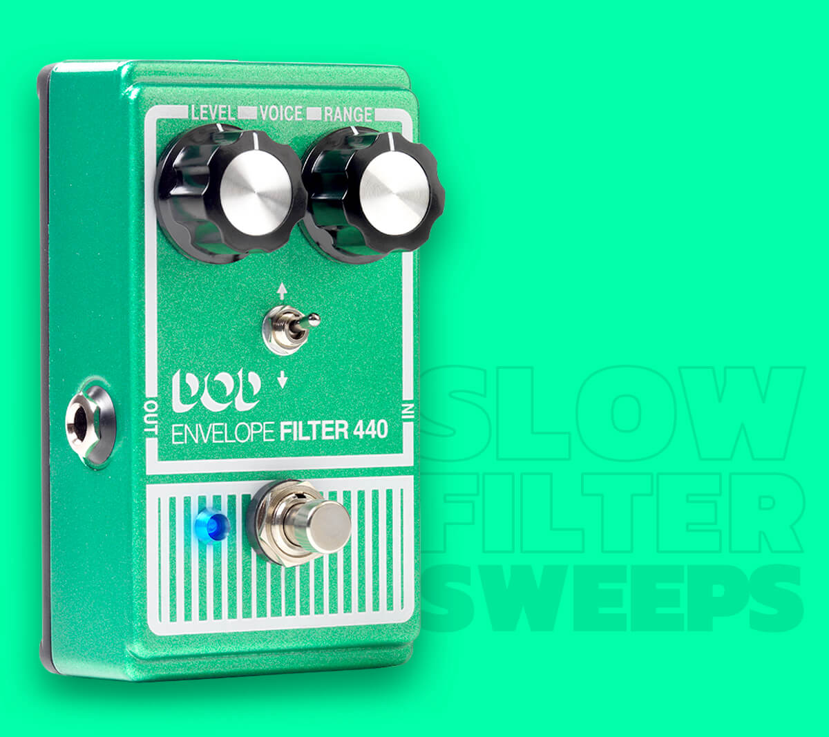 DOD Envelope Filter 440 guitar pedal in grainy green with white graphics, green background and graphics that says 
