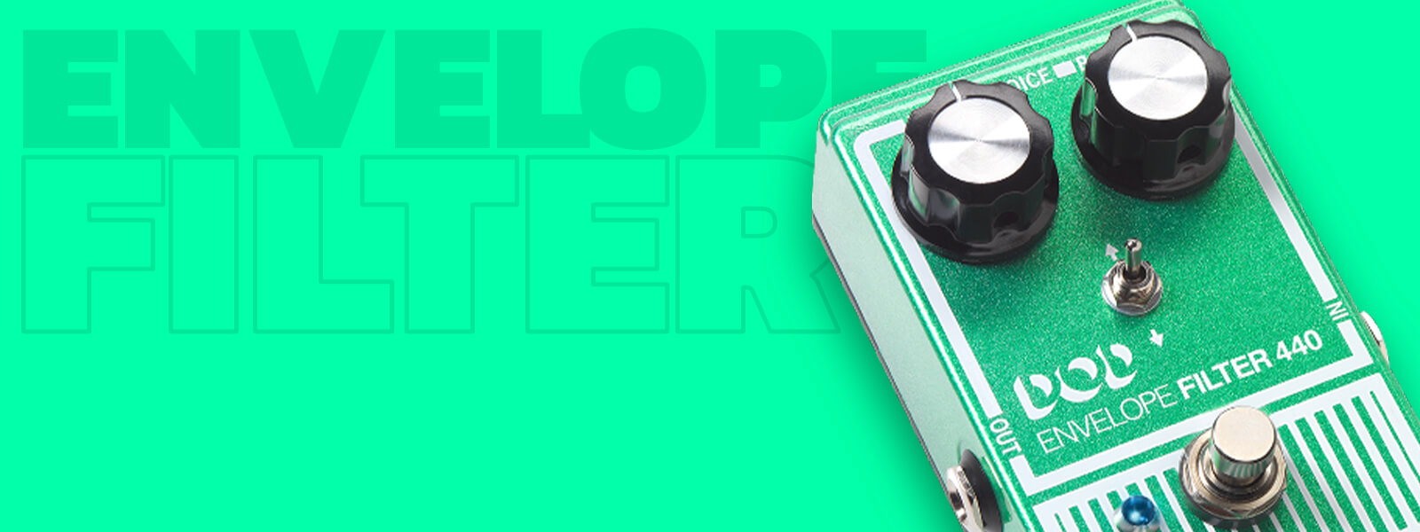 DOD Envelope Filter 440 guitar pedal in grainy green with white graphics, green background and graphics that says 