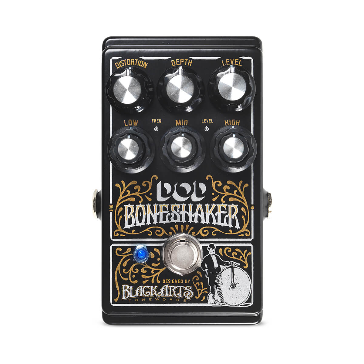 DOD Boneshaker distortion pedal with 3 band semi-parametric EQ. Top