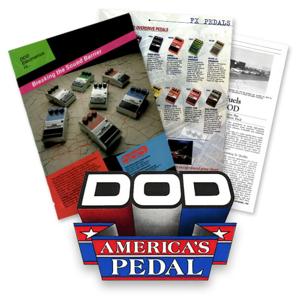 DOD America's Pedal over a vintage DOD ad, catalog sheet, and news article