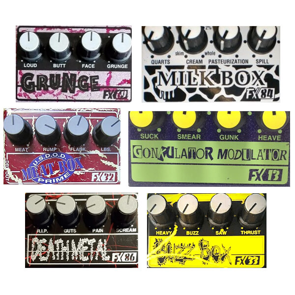 Vintage DOD guitar pedals: Grunge, Milk Box, Meat Box, Gonkulator Modulator, Death Metal, Buzz Box.