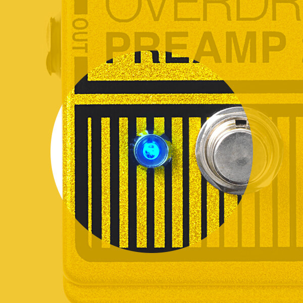 DOD Overdrive Preamp 250 distortion + boost pedal LED close up.
