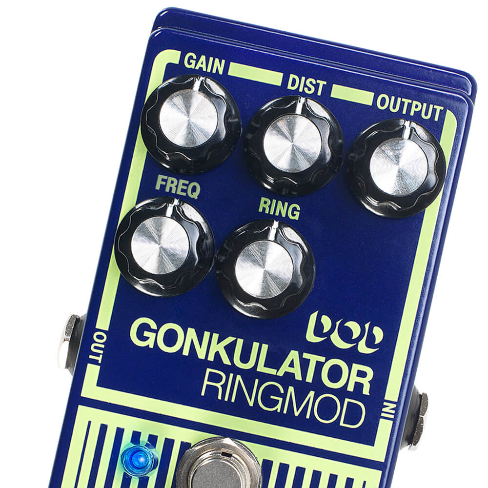 close up of gain, distortion, output, freq, and ring knobs on DOD Gonkulator distortion and overdrive guitar pedal