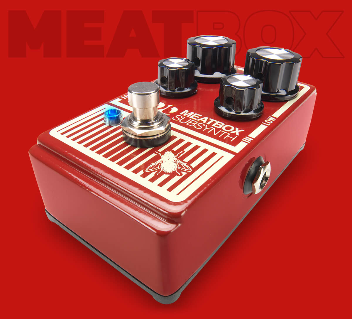 DOD Meatbox distortion guitar pedal on matching red background