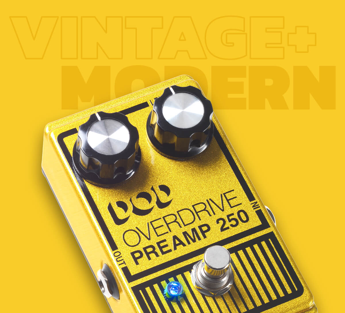 DOD Overdrive Preamp 250 guitar pedal on matching golden yellow background